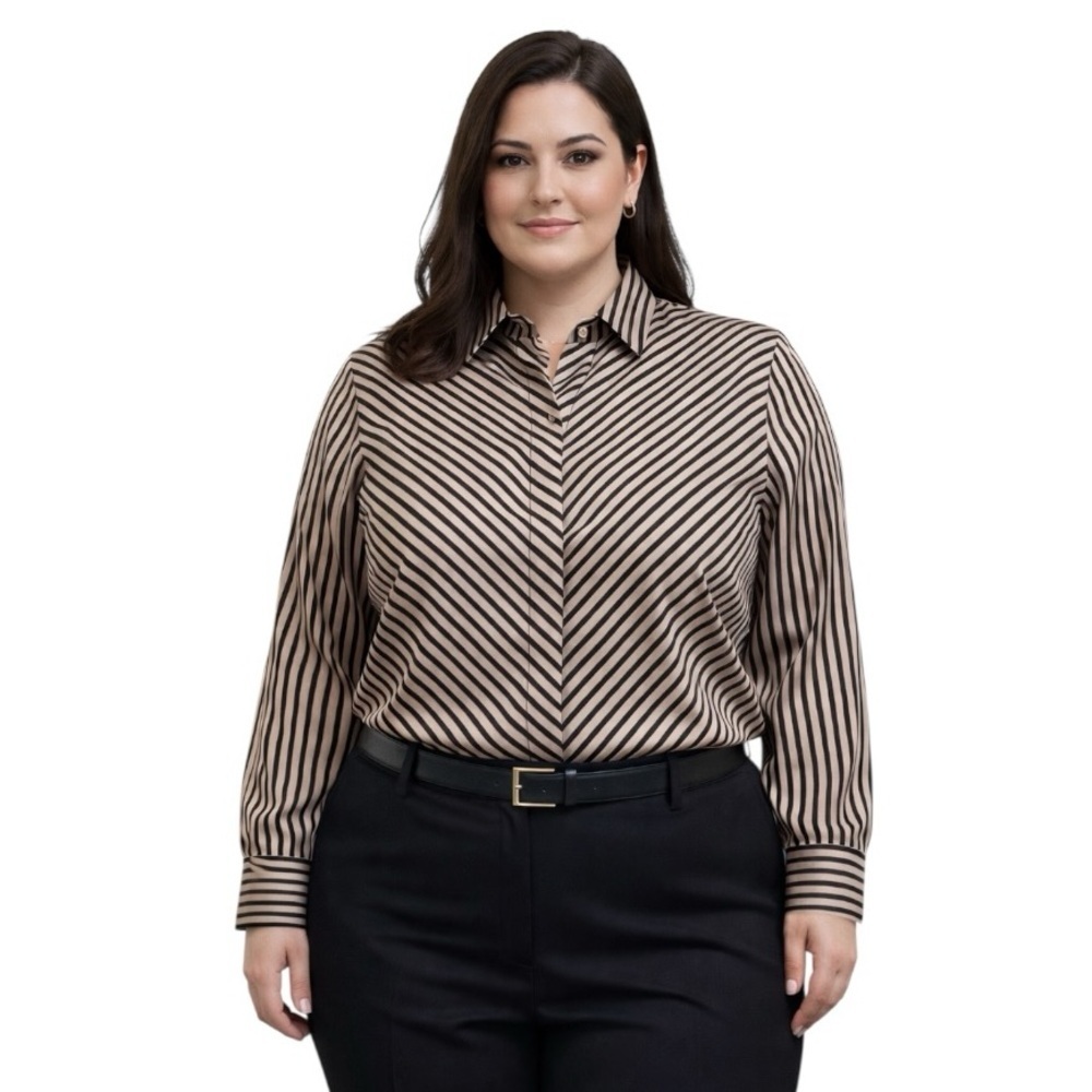 Chico’s 2 Large Black Gold Stripe Hidden Button Front Blouse Office Professional